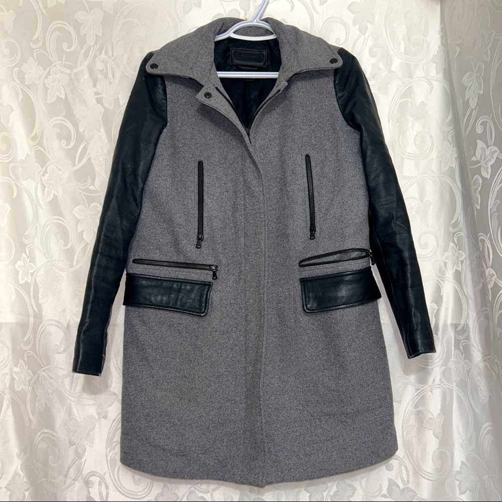 DANIER Black and Grey Double Zip Leather Wool Blend Collared Trench Coat